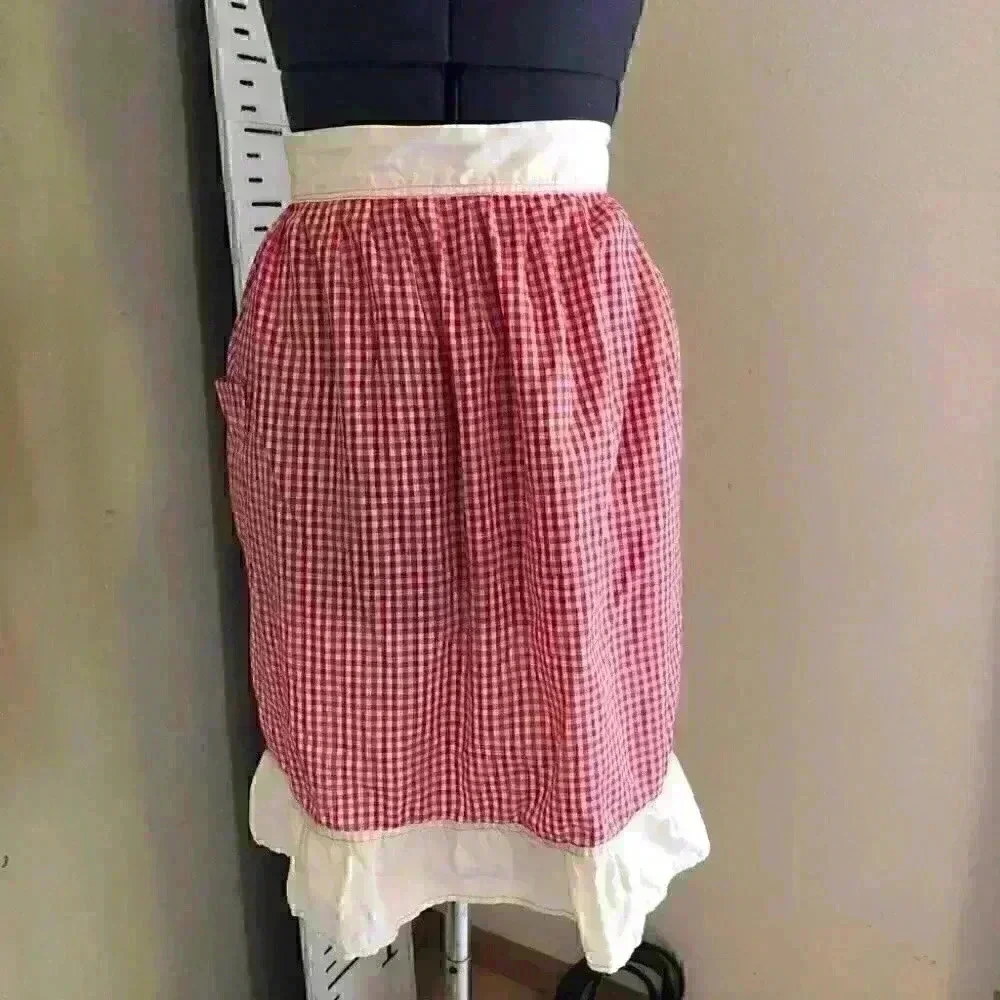vtg handmade ginham red white apron small medium